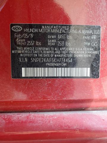 5NPE24AF5KH774454 - 2019 HYUNDAI SONATA SE RED photo 12