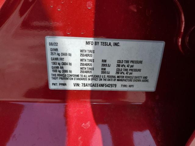 7SAYGAEE4NF542979 - 2022 TESLA MODEL Y Rot Foto 14