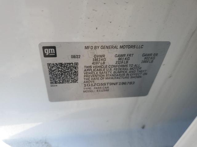 1G1ZG5ST9NF196783 - 2022 CHEVROLET MALIBU RS თეთრი ფოტო 12