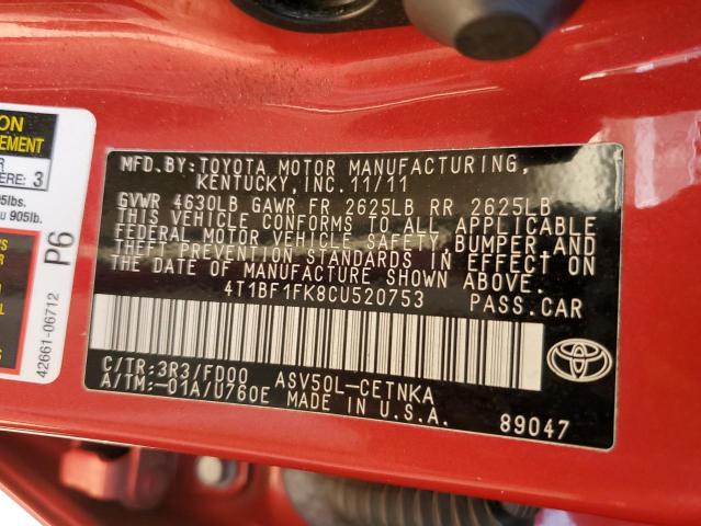 4T1BF1FK8CU520753 - 2012 TOYOTA CAMRY BASE წითელი ფოტო 12