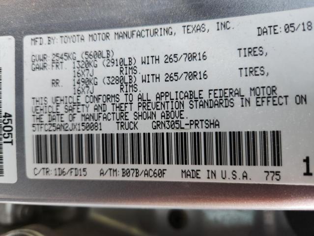 5TFCZ5AN2JX150081 - 2018 TOYOTA TACOMA DOUBLE CAB SILVER photo 13