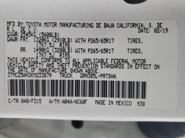 3TMCZ5AN3KM233879 - 2019 TOYOTA TACOMA DOUBLE CAB 白色 照片 12