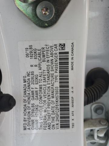 2HGFC2F61KH576933 - 2019 HONDA CIVIC LX 白色 照片 12