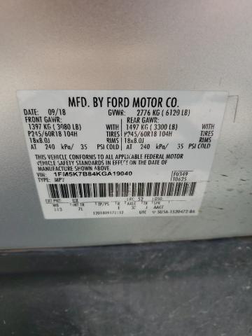 1FM5K7B84KGA19040 - 2019 FORD EXPLORER Argent photo 13