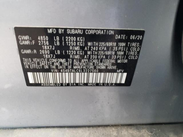 4S4BTALC6L3227560 - 2020 SUBARU OUTBACK LIMITED SILVER photo 12