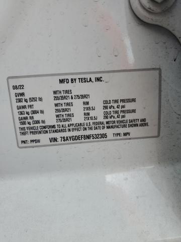7SAYGDEF8NF532305 - 2022 TESLA MODEL Y WHITE photo 12