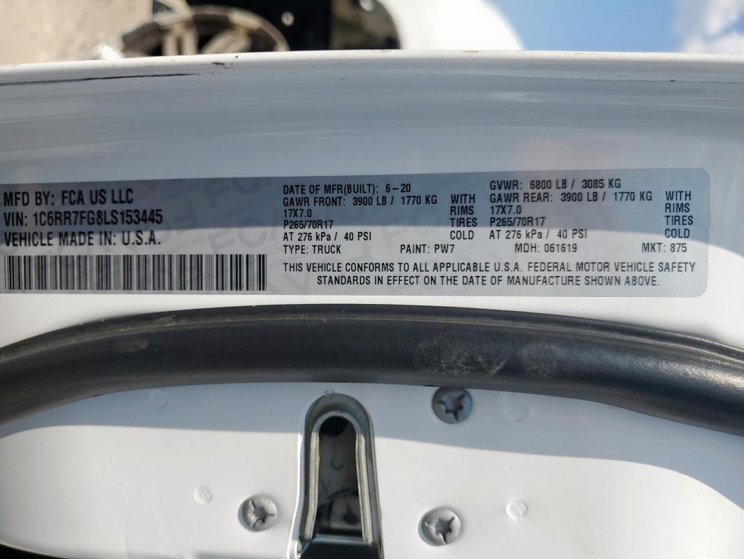 1C6RR7FG8LS153445 - 2020 RAM 1500 CLASS TRADESMAN 白色 照片 12