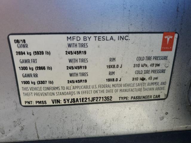 5YJSA1E21JF271352 - 2018 TESLA MODEL S SILVER photo 12