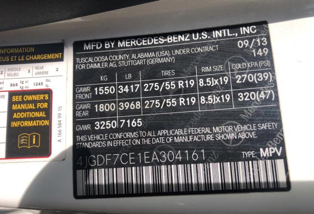 4JGDF7CE1EA304161 - 2014 MERCEDES-BENZ GL 450 4MATIC WHITE photo 10