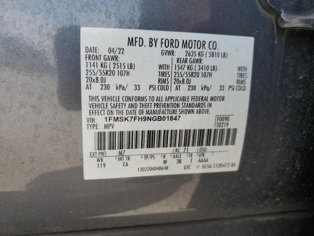 1FMSK7FH9NGB01847 - 2022 FORD EXPLORER LIMITED 灰色 照片 12