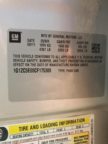 1G1ZC5E00CF175380 - 2012 CHEVROLET MALIBU 1LT SILVER photo 12