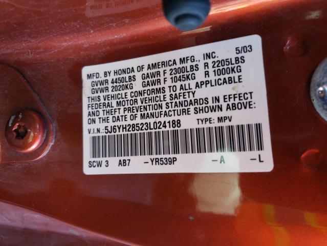 5J6YH28523L024188 - 2003 HONDA ELEMENT EX ORANGE photo 12