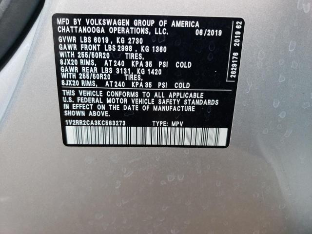 1V2RR2CA3KC583273 - 2019 VOLKSWAGEN ATLAS SEL SILVER photo 12