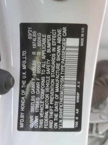 SHHFK7H6XMU221584 - 2021 HONDA CIVIC EX WHITE photo 12