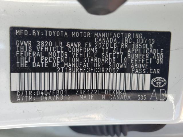 2T1BURHE3FC382007 - 2015 TOYOTA COROLLA L WHITE photo 12