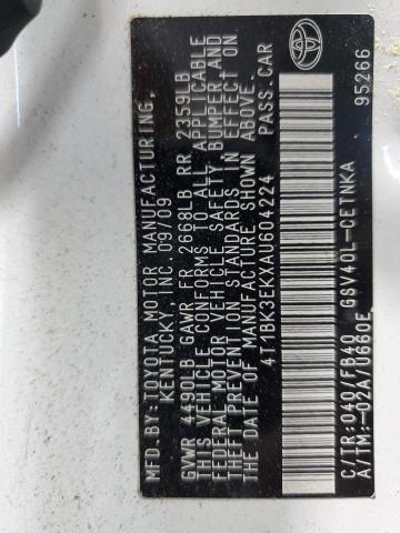 4T1BK3EKXAU604224 - 2010 TOYOTA CAMRY SE თეთრი ფოტო 12