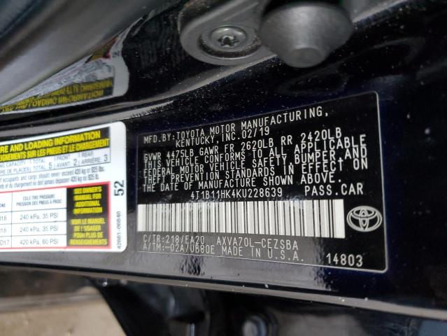 4T1B11HK4KU228639 - 2019 TOYOTA CAMRY L Schwarz Foto 12