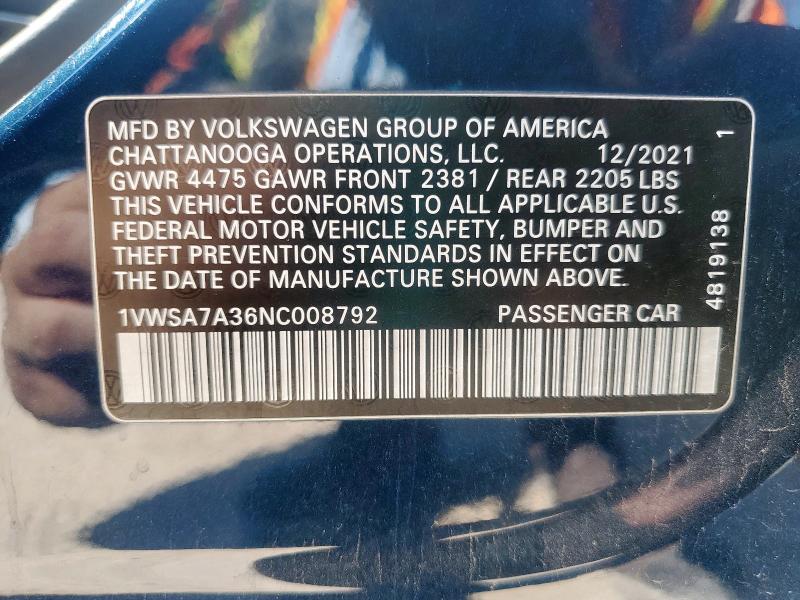 1VWSA7A36NC008792 - 2022 VOLKSWAGEN PASSAT SE BLUE photo 12