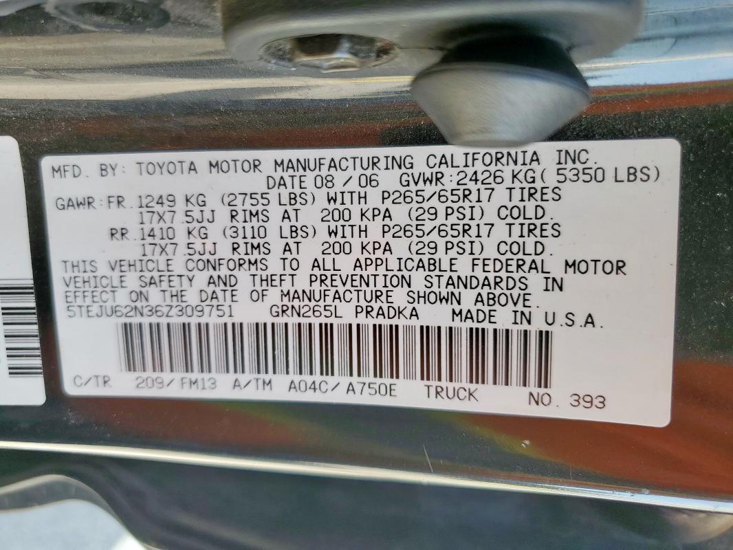 5TEJU62N36Z309751 - 2006 TOYOTA TACOMA DOUBLE CAB PRERUNNER BLACK photo 12