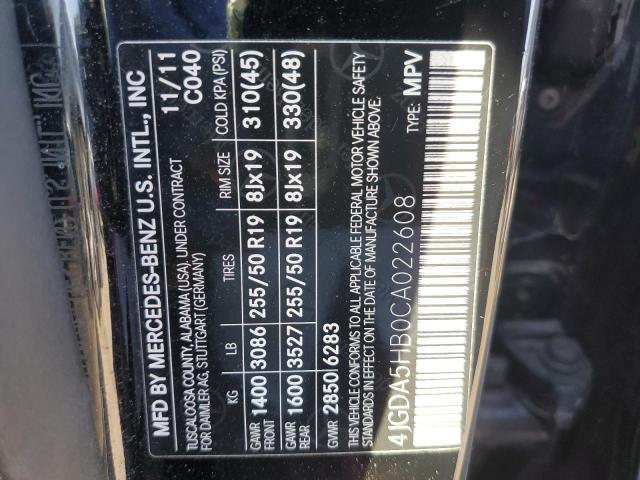 4JGDA5HB0CA022608 - 2012 MERCEDES-BENZ ML 350 4MATIC BLACK photo 13