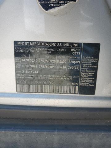 4JGBF7BE7BA740095 - 2011 MERCEDES-BENZ GL 450 4MATIC SILVER photo 12