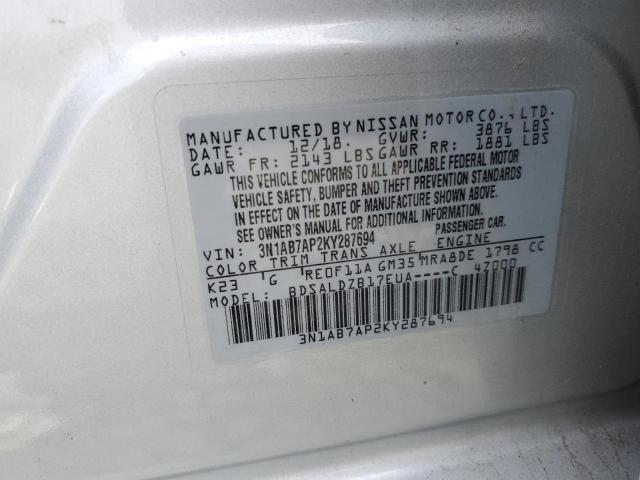 3N1AB7AP2KY287694 - 2019 NISSAN SENTRA S SILVER photo 12