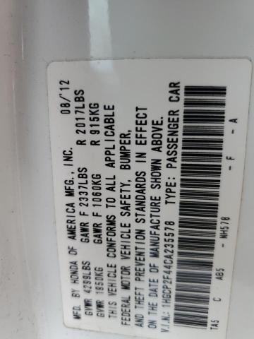 1HGCP2F44CA235578 - 2012 HONDA ACCORD LXP WHITE photo 12