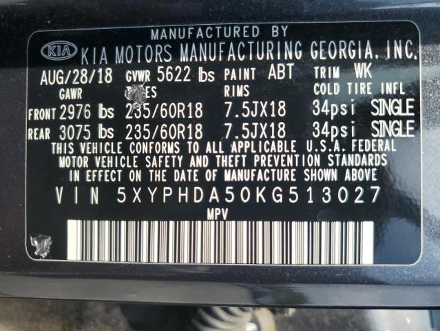 5XYPHDA50KG513027 - 2019 KIA SORENTO EX GRAY photo 13