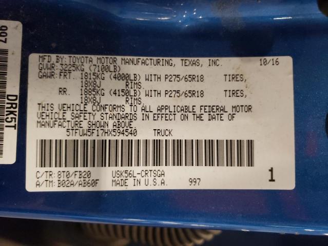 5TFUW5F17HX594540 - 2017 TOYOTA TUNDRA DOUBLE CAB SR/SR5 BLUE photo 12