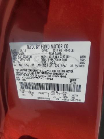 1FMCU0D75CKC15032 - 2012 FORD ESCAPE XLT RED photo 13