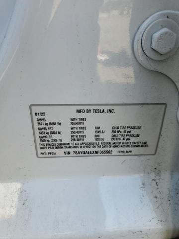 7SAYGAEEXNF365502 - 2022 TESLA MODEL Y Beyaz fotoğraf 12