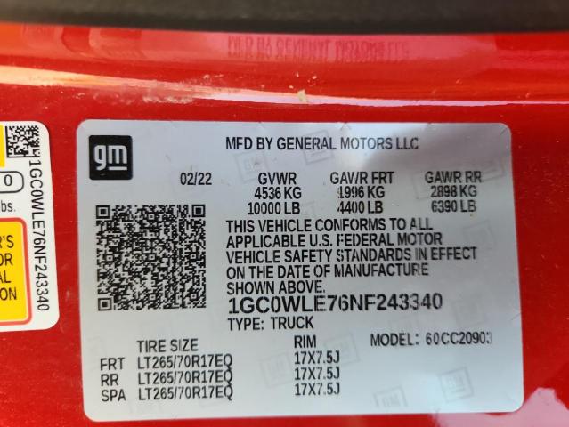 1GC0WLE76NF243340 - 2022 CHEVROLET SILVERADO C2500 HEAVY DUTY RED photo 12