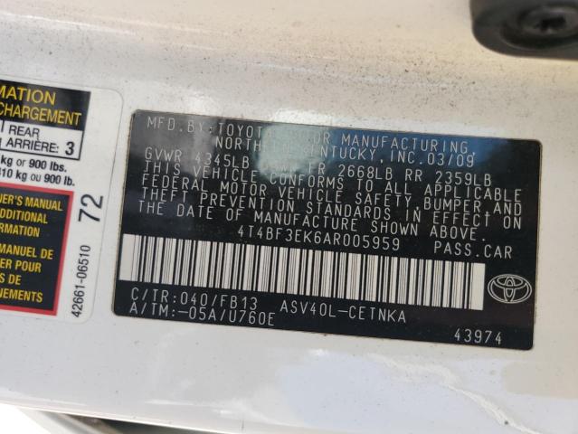 4T4BF3EK6AR005959 - 2010 TOYOTA CAMRY BASE WHITE photo 12