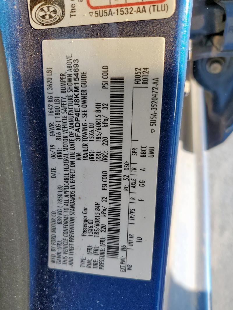 3FADP4EJ8KM154693 - 2019 FORD FIESTA SE BLUE photo 12