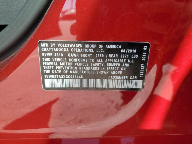 1VWBS7A3XGC046445 - 2016 VOLKSWAGEN PASSAT SE RED photo 12