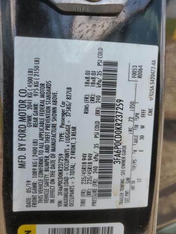 3FA6P0CD0KR237259 - 2019 FORD FUSION SEL 黑色 照片 12