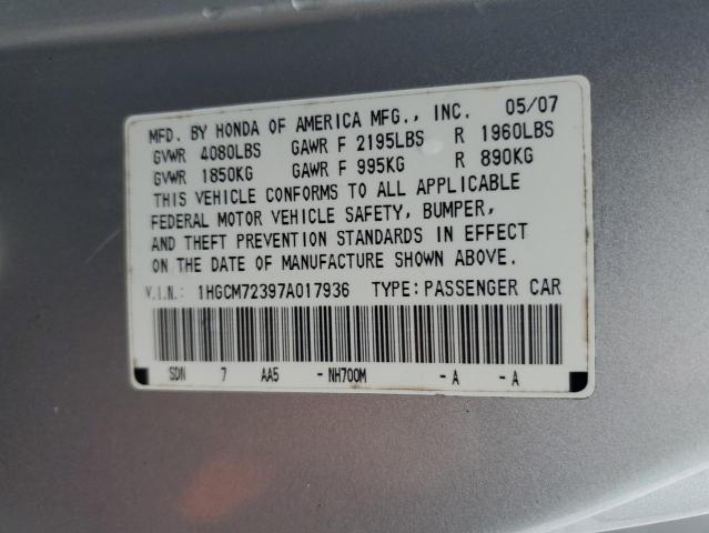 1HGCM72397A017936 - 2007 HONDA ACCORD LX SILVER photo 12