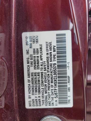 5J6TF1H5XCL005379 - 2012 HONDA CROSSTOUR EXL Бордовый фото 13