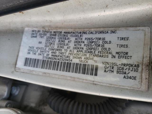 5TEGN92N14Z329454 - 2004 TOYOTA TACOMA DOUBLE CAB PRERUNNER SILVER photo 10