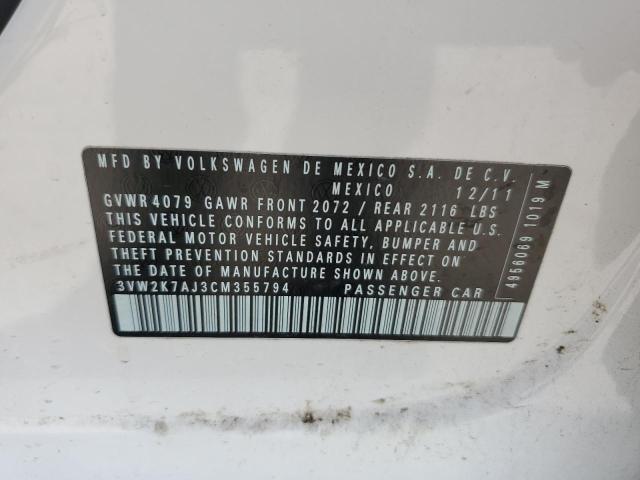 3VW2K7AJ3CM355794 - 2012 VOLKSWAGEN JETTA BASE Beyaz fotoğraf 13