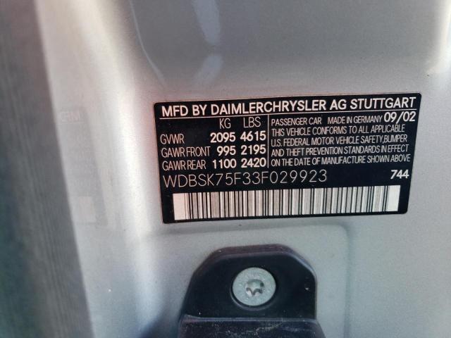 WDBSK75F33F029923 - 2003 MERCEDES-BENZ SL 500R SILVER photo 12