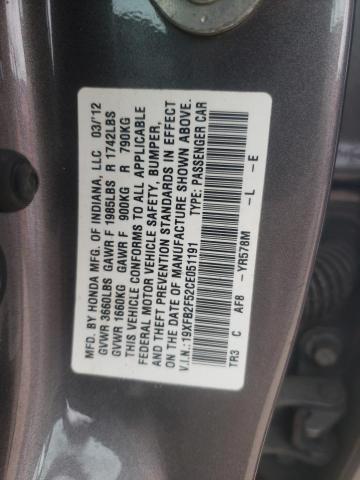 19XFB2F52CE051191 - 2012 HONDA CIVIC LX BROWN photo 12