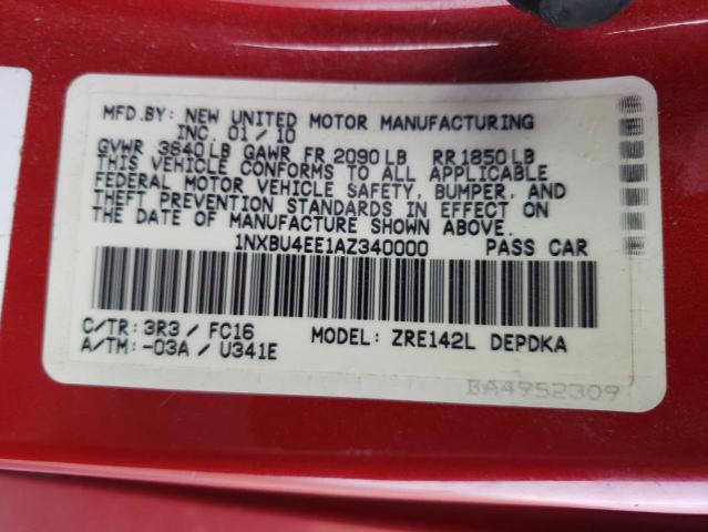 1NXBU4EE1AZ340000 - 2010 TOYOTA COROLLA BASE RED photo 12