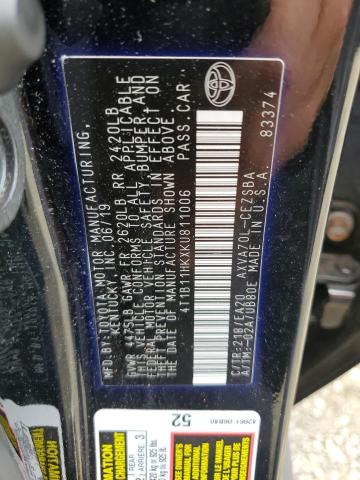 4T1B11HKXKU811006 - 2019 TOYOTA CAMRY L 黑色 照片 12