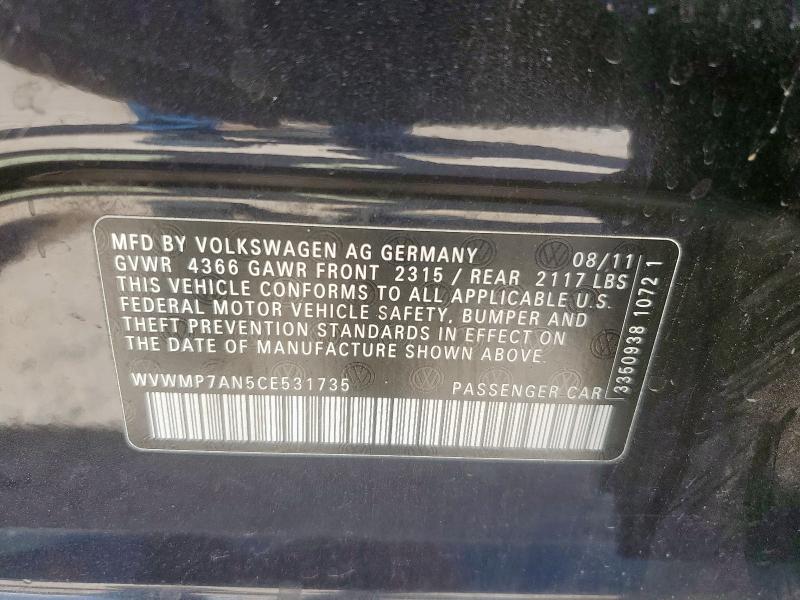 WVWMP7AN5CE531735 - 2012 VOLKSWAGEN CC SPORT BLACK photo 12