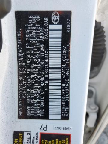 4T1BF1FK0CU566125 - 2012 TOYOTA CAMRY BASE Biały zdjęcie 12