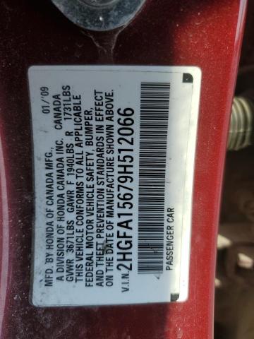 2HGFA15679H512066 - 2009 HONDA CIVIC LX-S 栗色 照片 12