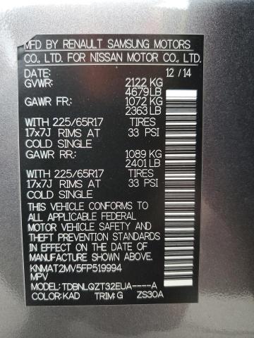 KNMAT2MV5FP519994 - 2015 NISSAN ROGUE S Boz foto 14