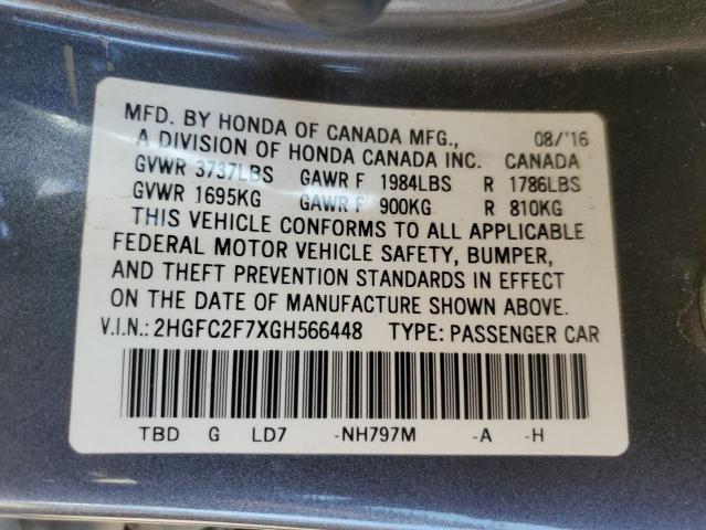 2HGFC2F7XGH566448 - 2016 HONDA CIVIC EX CHARCOAL photo 12