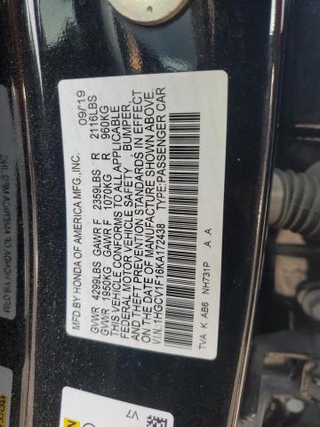 1HGCV1F16KA172438 - 2019 HONDA ACCORD LX Чорний фото 12